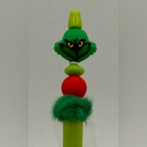 P302 - The Grinch Fancy Beaded Pen Satin Lime Green Silver-tone Red Kelly Green